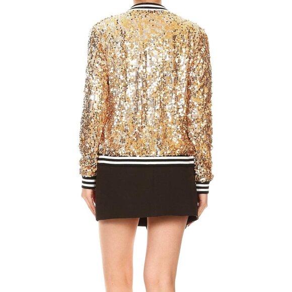Brand New Women Gold Polyester Sequin Front Zip Jacket Long Sleeve Ribbed Cuffs - Picture 2 of 6